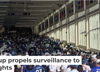 Under the watchful eye of surveillance cameras, fans leave after the France-Senegal World Cup match in East Rutherford, N.J., on June 16, 2026. AP Photo/Ted Shaffrey